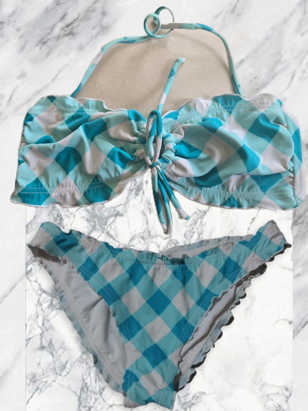 Turquoise Gingham Bandeau Bikini Set